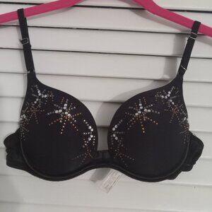 Victoria's Secret padded bejeweled bra Size 32B black with silver and gold jewel